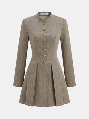 Tailored Pleated Long-Sleeve Dress in Brown